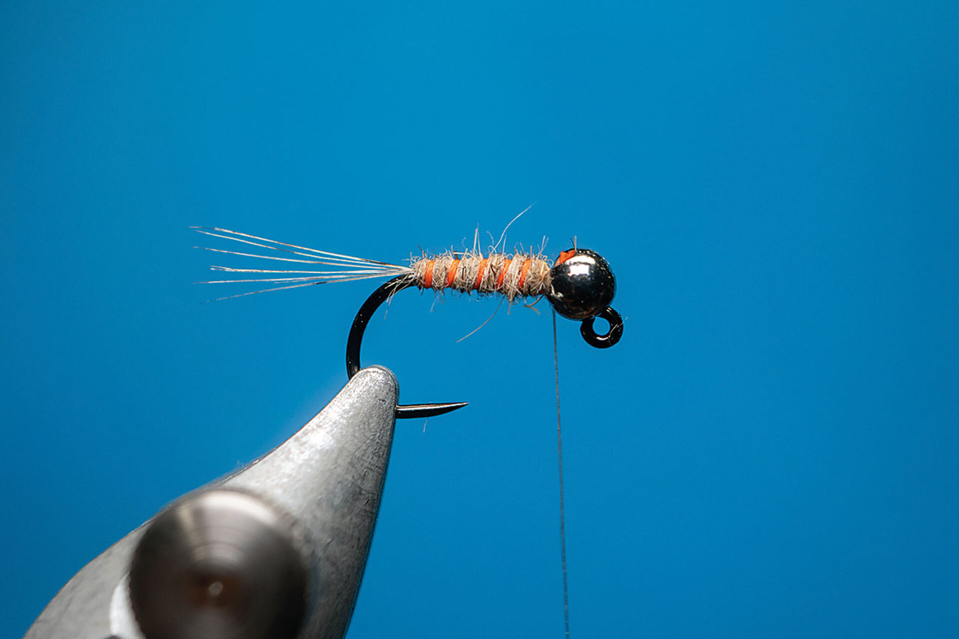  5. Rippungsmaterial in 5 bis 6 offenen Spiralwindungen auf den Körper aufwickeln. Das verleiht der Fliege die Segmentierung.  