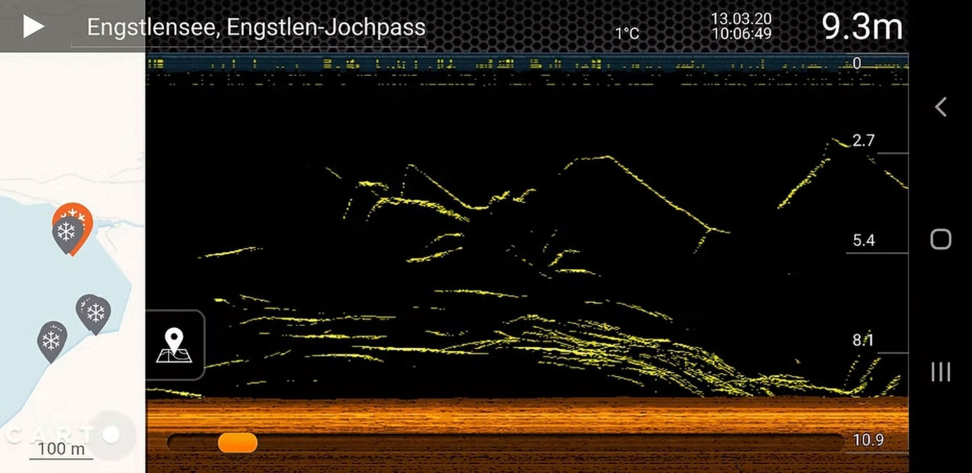  Das Echolot bestätigt es, auch im März hat es noch genügend Fische im See.  